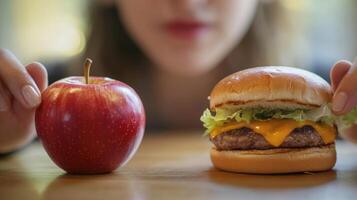 Contemplation. Choosing Between a Fresh Apple and a Greasy Hamburger photo
