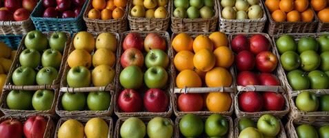 Neatly Arranged Fresh Fruits in Market Baskets photo