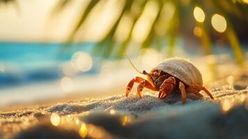 Closeup of a hermit crab on a tropical beach photo