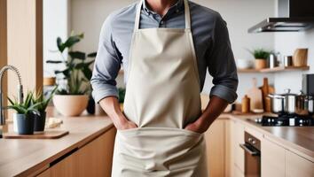 Man in Apron in Modern Kitchen photo