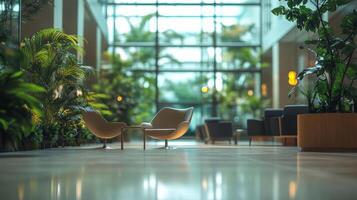 Serene Modern Office Atrium with Bokeh and Lush Greenery in Cinematic Style photo