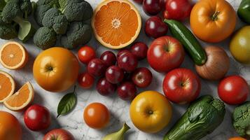 Assorted Fresh Fruits and Vegetables on Marble Background photo