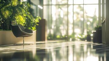 Serene Modern Office Atrium with Bokeh and Lush Greenery in Cinematic Style photo