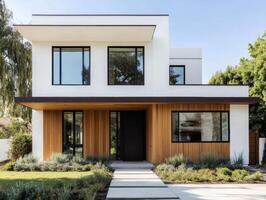 Minimalist Home with White Stucco, Warm Wood Accents, and Black Framed Windows photo