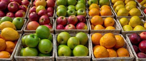 Neatly Arranged Fresh Fruits in Market Baskets photo