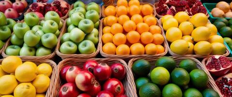 Neatly Arranged Fresh Fruits in Market Baskets photo