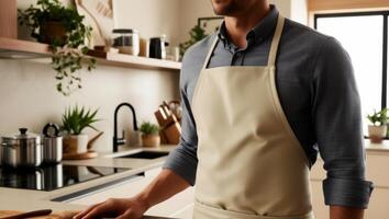 Man in Apron in Modern Kitchen photo