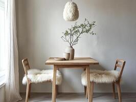 Cozy Dining Nook with Wooden Table and Fresh Greenery photo