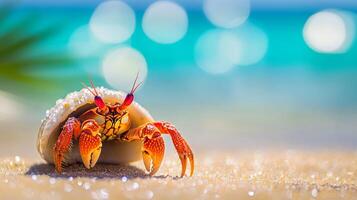 Closeup of a hermit crab on a tropical beach photo