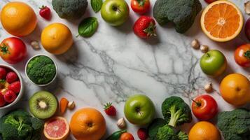 Assorted Fresh Fruits and Vegetables on Marble Background photo