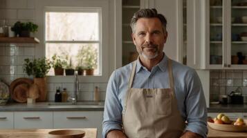 Man in Apron in Modern Kitchen photo