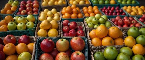 Neatly Arranged Fresh Fruits in Market Baskets photo