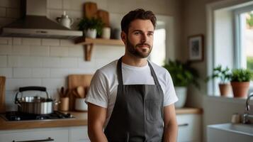 Man in Apron in Modern Kitchen photo