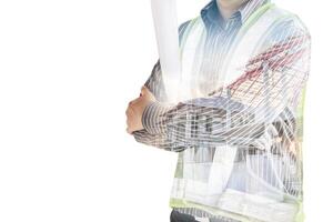 Double exposure image of professional engineer in protective helmet and blueprints paper at building construction site photo