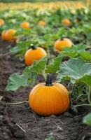 Pumpkins scattered across a farm field, thriving in a pumpkin patch, ready for harvest photo