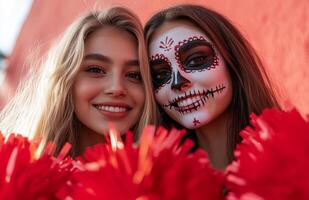 A cheerleader and her friend displaying red and white pompoms, wearing Halloween costumes with skull makeup photo