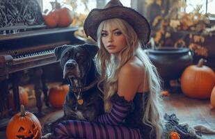 A blonde witch sits beside her dog, surrounded by pumpkins, a broomstick, and decorations photo
