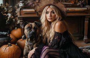 A blonde witch sits beside her dog, surrounded by pumpkins, a broomstick, and decorations photo