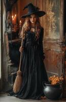 A stunning woman dressed as a witch holding a broom, standing beside a bubbling cauldron photo