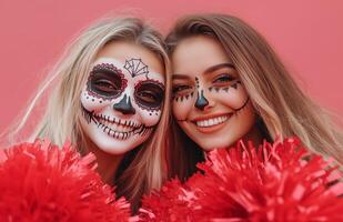 A cheerleader and her friend displaying red and white pompoms, wearing Halloween costumes with skull makeup photo
