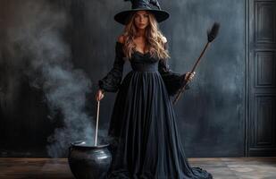 A stunning woman dressed as a witch holding a broom, standing beside a bubbling cauldron photo