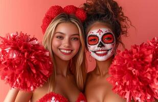 A cheerleader and her friend displaying red and white pompoms, wearing Halloween costumes with skull makeup photo