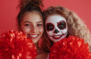 A cheerleader and her friend displaying red and white pompoms, wearing Halloween costumes with skull makeup photo
