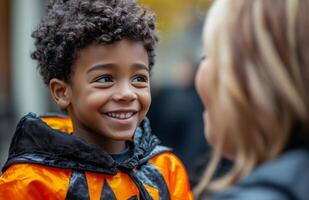 A young Black boy happily dressed as a vampire, smiling proudly at his mother photo