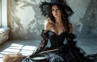 A stunning woman dressed as a witch holding a broom, standing beside a bubbling cauldron photo