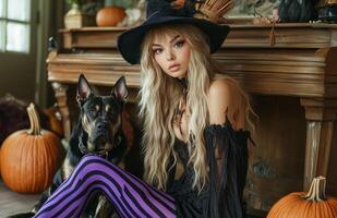 A blonde witch sits beside her dog, surrounded by pumpkins, a broomstick, and decorations photo