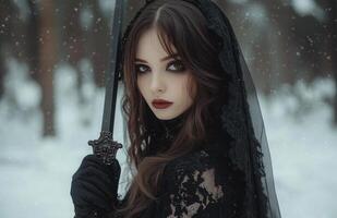 A female vampire with pale skin, long brown hair, wearing a black veil and gloves, holding a dagger photo