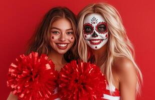 A cheerleader and her friend displaying red and white pompoms, wearing Halloween costumes with skull makeup photo