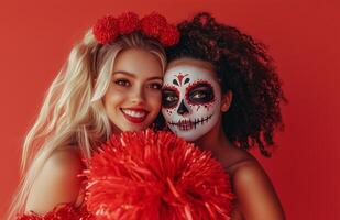A cheerleader and her friend displaying red and white pompoms, wearing Halloween costumes with skull makeup photo