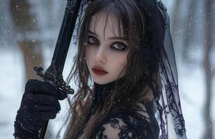 A female vampire with pale skin, long brown hair, wearing a black veil and gloves, holding a dagger photo
