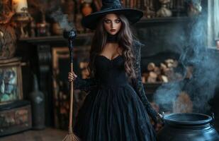 A stunning woman dressed as a witch holding a broom, standing beside a bubbling cauldron photo