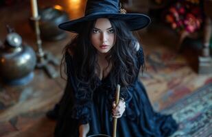 A stunning woman dressed as a witch holding a broom, standing beside a bubbling cauldron photo