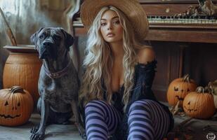 A blonde witch sits beside her dog, surrounded by pumpkins, a broomstick, and decorations photo