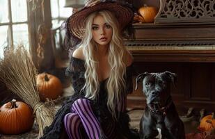 A blonde witch sits beside her dog, surrounded by pumpkins, a broomstick, and decorations photo