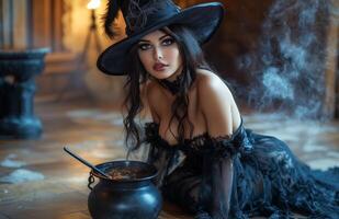 A stunning woman dressed as a witch holding a broom, standing beside a bubbling cauldron photo