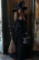 A stunning woman dressed as a witch holding a broom, standing beside a bubbling cauldron photo