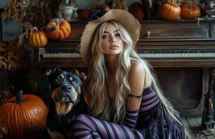 A blonde witch sits beside her dog, surrounded by pumpkins, a broomstick, and decorations photo