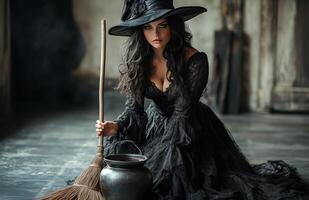 A stunning woman dressed as a witch holding a broom, standing beside a bubbling cauldron photo