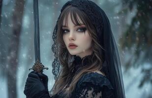 A female vampire with pale skin, long brown hair, wearing a black veil and gloves, holding a dagger photo