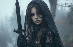 A female vampire with pale skin, long brown hair, wearing a black veil and gloves, holding a dagger photo