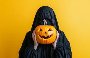 A woman in black robes holds a carved pumpkin head over her face on a yellow background photo