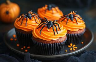 Halloween themed cupcakes with spider decorations are creatively arranged on a festive plate for display photo