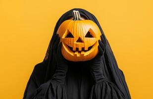 A woman in black robes holds a carved pumpkin head over her face on a yellow background photo