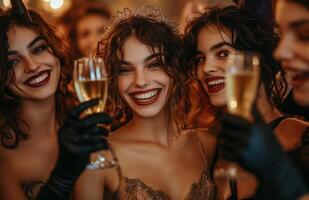 Friends in costume clinking champagne glasses at a Halloween party, celebrating joyfully together photo