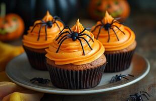 Halloween themed cupcakes with spider decorations are creatively arranged on a festive plate for display photo