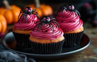 Halloween themed cupcakes with spider decorations are creatively arranged on a festive plate for display photo
